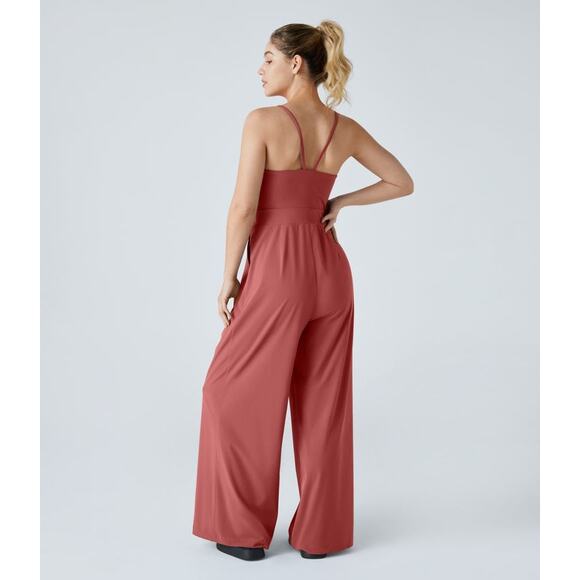 Harala Kapok Red Breezeful Backless Quick Dry Pleated Wide Leg Jumpsuit Medium - Picture 2 of 10